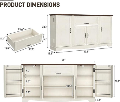 65" Sideboard Buffet Cabinet with Storage, Farmhouse Kitchen Pantries Sideboard Cabinets with Drawer, Wood Coffee Bar Cabinet with Adjustable Shelves, Storage Cabinets for Kitchen, Antique White