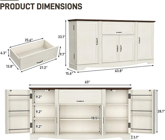 65" Sideboard Buffet Cabinet with Storage, Farmhouse Kitchen Pantries Sideboard Cabinets with Drawer, Wood Coffee Bar Cabinet with Adjustable Shelves, Storage Cabinets for Kitchen, Antique White