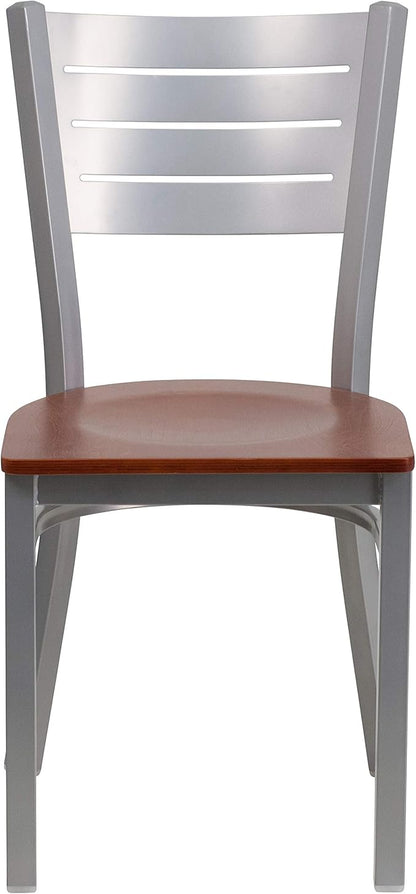 Flash Furniture 2 Pk. HERCULES Series Silver Slat Back Metal Restaurant Chair - Cherry Wood Seat