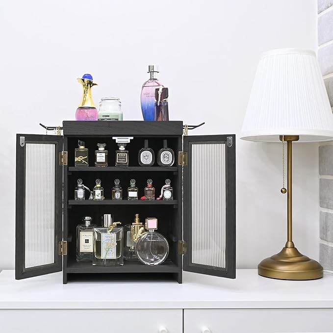 Ikee Design Wooden Countertop Storage Cabinet with Wavy Magnetic Door, Adjustable Shelves, Removable Hooks. Perfect for Perfume, Figurines, and Coffee Cups, Black Color, 10.4 W x 6.1 D x 14.4 H in