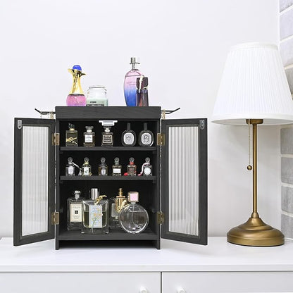 Ikee Design Wooden Countertop Storage Cabinet with Wavy Magnetic Door, Adjustable Shelves, Removable Hooks. Perfect for Perfume, Figurines, and Coffee Cups, Black Color, 10.4 W x 6.1 D x 14.4 H in