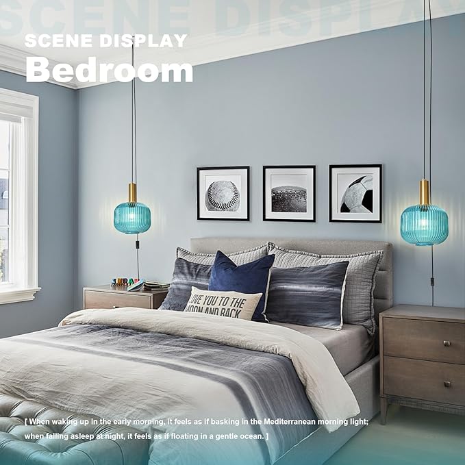 2 Pack Plug in Pendant Light, Blue Ribbed Glass Hanging Light Fixture with 14.76Ft Cord and On/Off Switch, Coastal Hanging Lamp Plug in for Kitchen Dining Room Bedroom Beach House