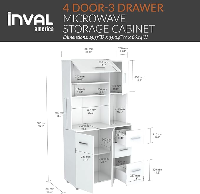 Inval America 4-Door Kitchen Microwave Storage Cabinet with 3 Drawers, Kitchenette Standing Pantry, 71"H x 23.6"W x 17.1"D, White