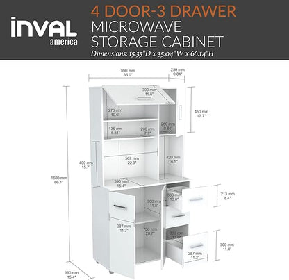 Inval America 4-Door Kitchen Microwave Storage Cabinet with 3 Drawers, Kitchenette Standing Pantry, 71"H x 23.6"W x 17.1"D, White