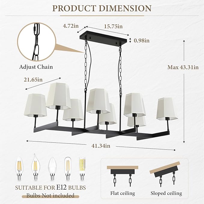 Farmhouse Chandeliers, 8-Light Black Chandeliers for Dining Room with White Fabric Shade, Adjustable Hanging Pendant Lighting for Kitchen Island Living Room