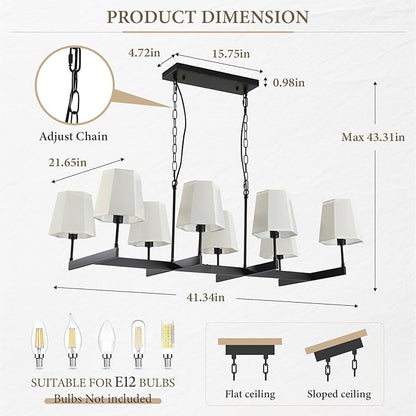 Farmhouse Chandeliers, 8-Light Black Chandeliers for Dining Room with White Fabric Shade, Adjustable Hanging Pendant Lighting for Kitchen Island Living Room