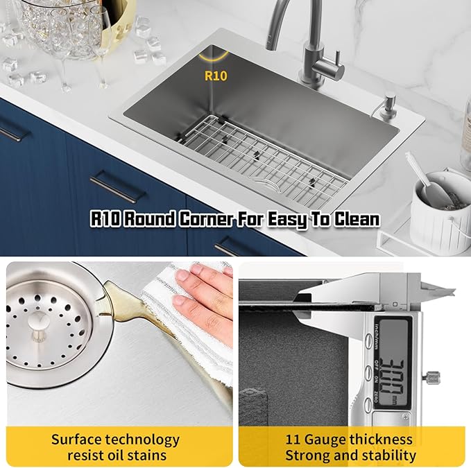Kitchen Sink, 24x18 Inch Stainless Steel Drop In Topmount Kitchen And Bar Sink Stylish And Modern Look With Bottom Grid,Silicon Mat And Drain Assembly Add Elegance & Enhance Usability