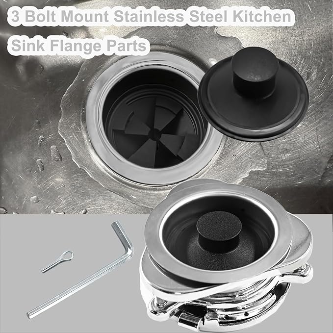 Garbage Disposal Flange Kit and Stopper for InSinkErator,3 Bolt Mount Stainless Steel Kitchen Sink Flange Parts with Stopper Compatible with InSinkErator Models Garbage Disposal(114mm)