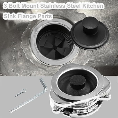 Garbage Disposal Flange Kit and Stopper for InSinkErator,3 Bolt Mount Stainless Steel Kitchen Sink Flange Parts with Stopper Compatible with InSinkErator Models Garbage Disposal(114mm)