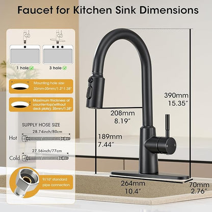 Matte Black Kitchen Faucet with Pull Down Sprayer, High Arc Single Handle Stainless Steel 1 or 3 Hole Faucet for Kitchen Sink, Farmhouse, RV, Laundry, Bar, Outdoor