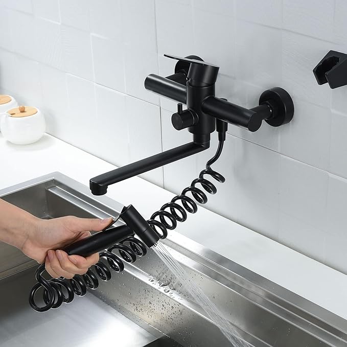 Kitchen Sink Wall Mount Faucet, Matte Black Commercial Faucet with Side Sprayer, Stainless Steel Mixer Tap, Unility Sink Faucet, 7.5-8.5 Inches Center, Spout Reach 9.2"