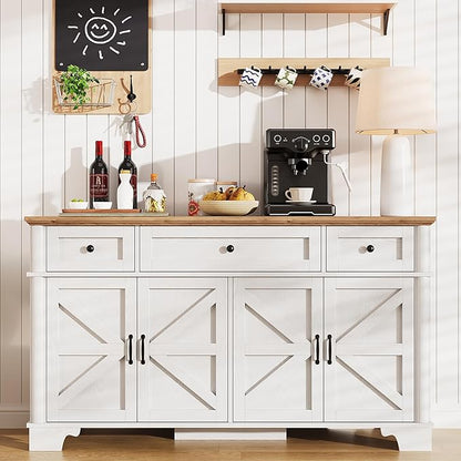 BestHaped Farmhouse Buffet Cabinet with Storage, 55 Inch White Sideboard Buffet Cabinet with Adjustable Shelves & 3 Drawers, Buffet Table Coffee Bar Wine Bar Storage for Kitchen & Living Room