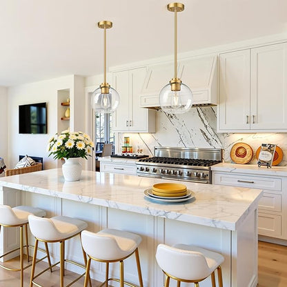 1 Pack 7.2-Inch Globe Pendant Lights, Mid Century Gold Pendant Light Fixtures, Globe Pendant Lights Kitchen Island with Milk Glass Shade Adjustable Hanging Fixture for Dining Room (Bulbs not Included)