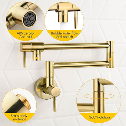 Fransiton Brushed Gold Pot Filler, Pot Filler Faucet Wall Mount, Brass Folding Stretchable with Double Joint Swing Arm Single Hole Two Handles Kitchen Restaurant