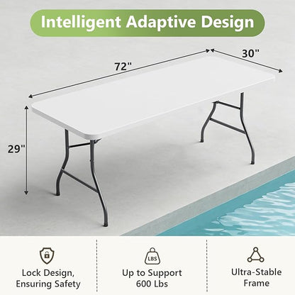 6ft Folding Table, Heavy Duty Plastic Card Table with Foldable Steel Legs, Metal Frame Support up to 600 lb, Portable for Indoor, Outdoor, Picnic, Camping, Dining, Party, White