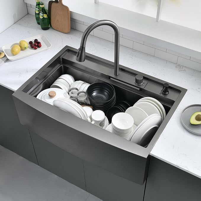 33 Inch Farmhouse Kitchen Sink Splash Guard Waterfall Workstation Black- VOKIM 33x22Inch Apron Front Kitchen Sik Stainless 16 Gauge Farm Sink With Multifunctional Top Loading Flying Rain pull-out