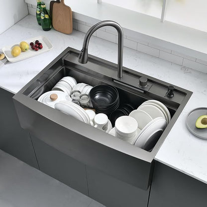 33 Inch Farmhouse Kitchen Sink Splash Guard Waterfall Workstation Black- VOKIM 33x22Inch Apron Front Kitchen Sik Stainless 16 Gauge Farm Sink With Multifunctional Top Loading Flying Rain pull-out
