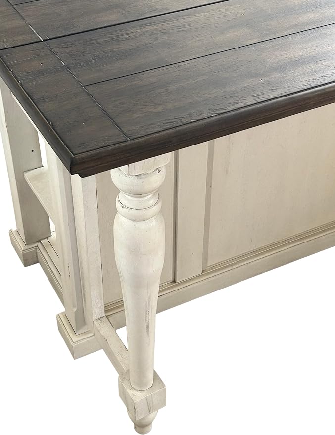 Sunset Trading French Chic w 2 Backless Stools 3PC Fully Assembled 71" Dropleaf Kitchen Island Set, Distressed Antique White and Walnut Brown