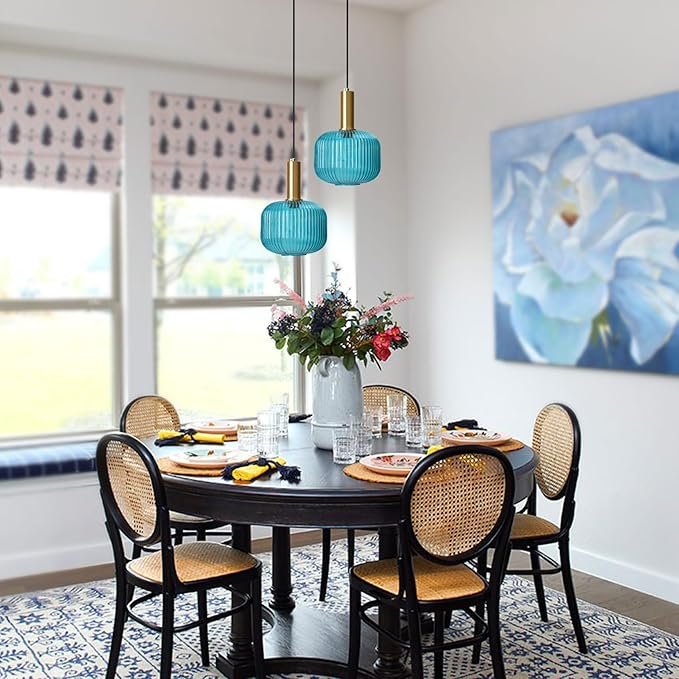 2 Pack Plug in Pendant Light, Blue Ribbed Glass Hanging Light Fixture with 14.76Ft Cord and On/Off Switch, Coastal Hanging Lamp Plug in for Kitchen Dining Room Bedroom Beach House