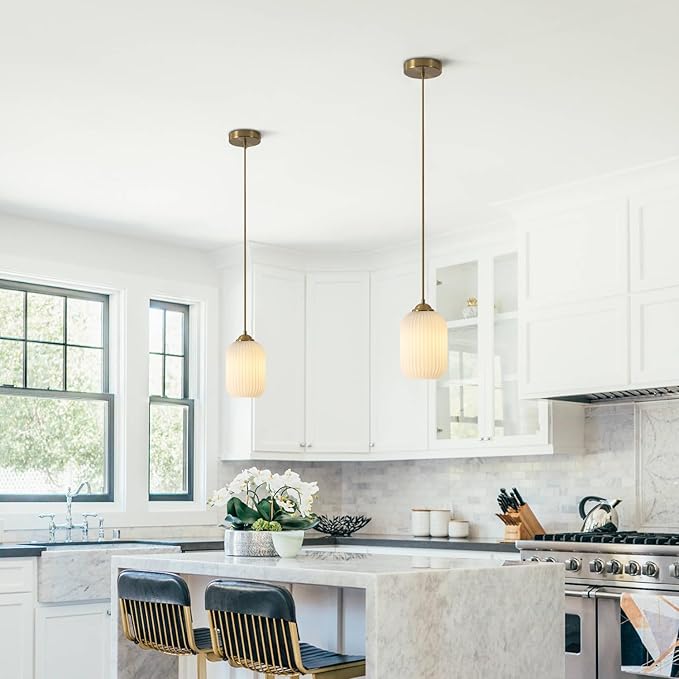KCO Lighting Mini Milk Glass Pendant Light Small Ribbed Glass Ceiling Light Modern Globe Pendant Lighting White and Gold Ceiling Hanging Lights Mid Century Brass Pendant Light Fixture 2 Pack