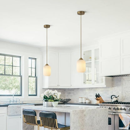 KCO Lighting Mini Milk Glass Pendant Light Small Ribbed Glass Ceiling Light Modern Globe Pendant Lighting White and Gold Ceiling Hanging Lights Mid Century Brass Pendant Light Fixture 2 Pack
