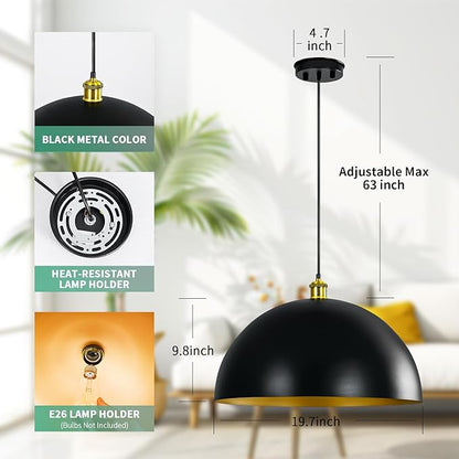 Black-Farmhouse Pendant-Light Hanging-Lamp Fixtures - 20 inch Kitchen Island Pendant Lights Industrial Dome Ceiling Lighting Dining Room Large Vintage Light for Indoor Black and Gold