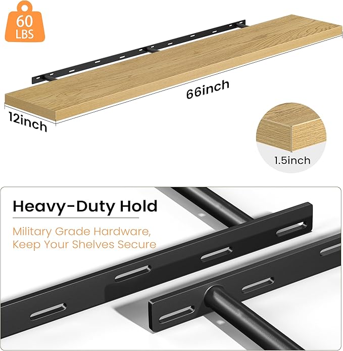 Fun Memories 66 Inch Floating Shelves, 12 Inch Deep Wall Shelf for Fireplace Mantel, Oak Deep Storage Shelves for Home & Office, Long Floating Shelf with Invisible Bracket, Set of 2