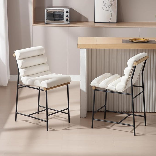 Modern Upholstered Pu Leather Bar stools Set of 2, 25” Kitchen Island Counter stools with Black Metal Legs Armless Counter Height Chairs with Channel Tufted Back for Home Pub