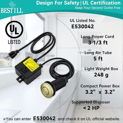 BESTILL Garbage Disposal Air Switch Kit - Professional, UL Listed Brushed Gold 3.6" Long Sink Top On/Off Push Button for Waste Disposer, Brass Made Cover, Compatible with all Garbage Disposals