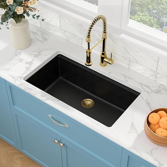 Sarlai 32 Granite Composite Kitchen Sink - 32"x19" Black Undermount Kitchen Sink Ledge Workstation Matte Black Granite Quartz Composite Under-Mount Single Bowl Sinks Basin with Gold Accessories