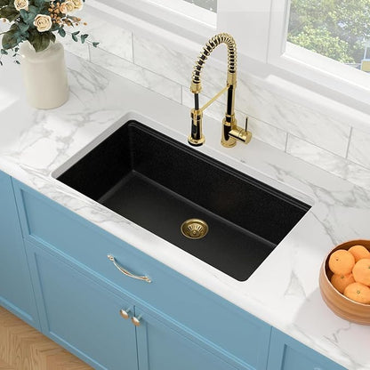 Sarlai 32 Granite Composite Kitchen Sink - 32"x19" Black Undermount Kitchen Sink Ledge Workstation Matte Black Granite Quartz Composite Under-Mount Single Bowl Sinks Basin with Gold Accessories
