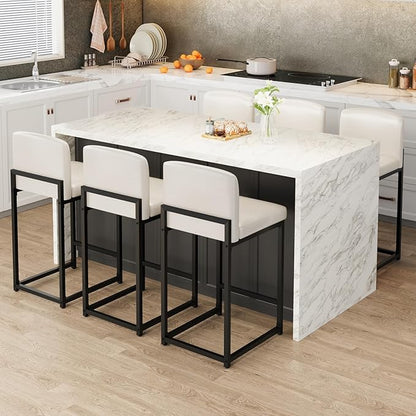 GarveeHome Bar Stools Set of 2, Modern Counter Height Bar Stools with Back and Footrest, Faux Leather Upholstered Barstools Chairs for Kitchen Island Dining Room Bar, White