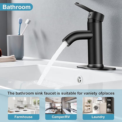 Black Single Hole Bathroom Faucet Black Vanity Faucet for Bathroom Sink 1 Hole or 3 Hole for Modern RV Sink with Pop-up Drain and Deck