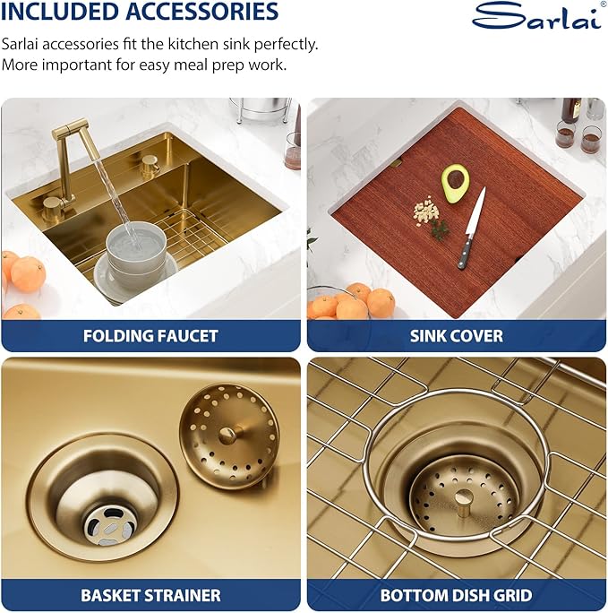 Sarlai Gold Undermount Bar Sink - 21x19 Inch Outdoor Kitchen Sink RV Workstation Gold 16 Gauge Stainless Steel Single Bowl Handmade Outdoor BBQ Sinks With Foldable Faucet