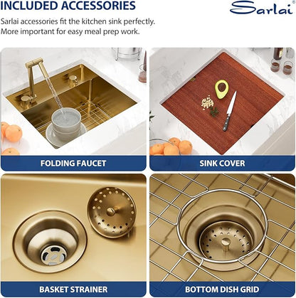 Sarlai Gold Undermount Bar Sink - 21x19 Inch Outdoor Kitchen Sink RV Workstation Gold 16 Gauge Stainless Steel Single Bowl Handmade Outdoor BBQ Sinks With Foldable Faucet