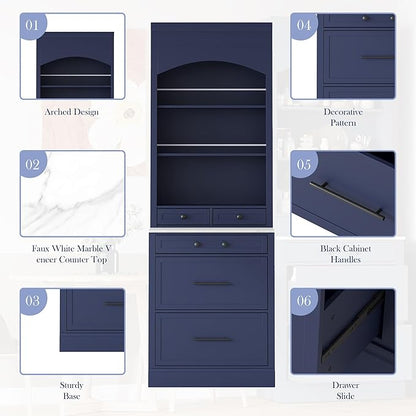 Modern 83.7inch High Kitchen Pantry Freestanding Tall Hutch with Faux Marble Top Display Cupboard with 5 Storage Drawers Practical(Blue)