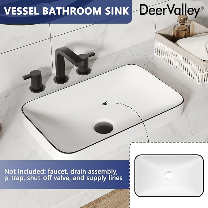 DeerValley Vessel Sink Rectangular, 18.9"x11.61" White Semi Recessed Bathroom Sink with Black Rim Ceramic Porcelain Rectangle Bathroom Vessel Sink Above Counter Vanity Sink Basin DV-1V0235