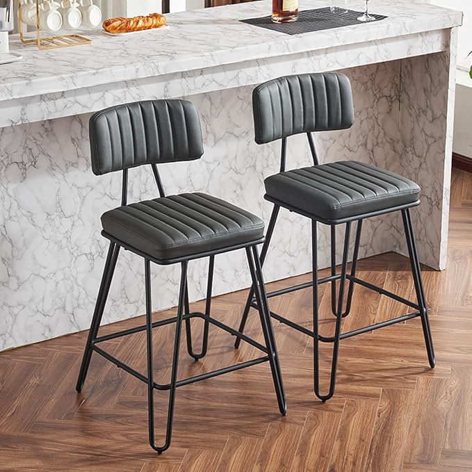 Industrial Stools Set of 2 Fabric+Metal Grey Vintage Industrial Design Kitchen Island & Dining Room Seating Durable & Comfortable