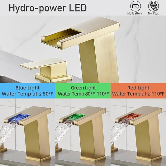 AVSIILE LED Bathroom Faucet 3 Hole, Brushed Gold Waterfall Bathroom Faucets, 8 Inch Widespread Modern Bathroom Sink Faucet, Wide Spread Touch On Three Hole 2 Handle Bathroom Vanity Faucet