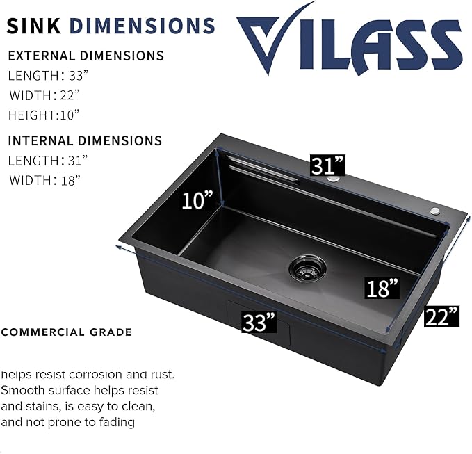 Black Kitchen Sink Modern 33x22 Drop In Kitchen Sink with Faucet Large Gunmetal Black Stainless Steel Sink Single Bowl Workstation Top Mount Kitchen Sinks