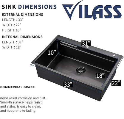 Black Kitchen Sink Modern 33x22 Drop In Kitchen Sink with Faucet Large Gunmetal Black Stainless Steel Sink Single Bowl Workstation Top Mount Kitchen Sinks