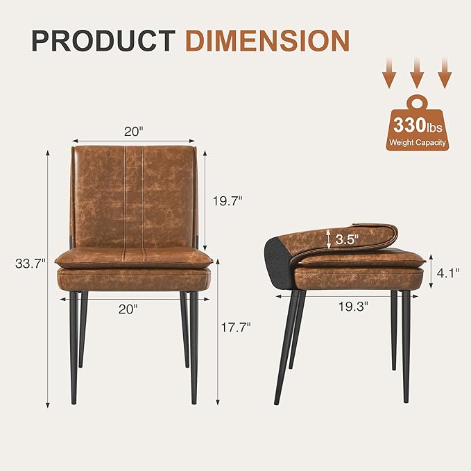 VECELO Upholstered PU Dining Chairs Set of 2, Kitchen Chairs with Padded Seat for Living Room, Dining Room, High Back and Steel Legs, Easy Assembly, Brown