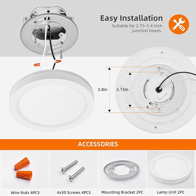 Hlite 7.5 Inch Flush Mount LED Ceiling Light with Night Light, CRI90, 15W, 1500 LM, 3000K/4000K/5000K Selectable, Flat Round LED Ceiling Light, Dimmable Bedroom Lights for Ceiling, White(2Pack)