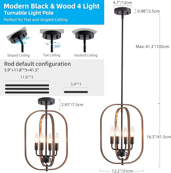 XINGQI Small Chandeliers for Dining Room, 12.2" Modern Farmhouse Pendant Lighting Fixture Rustic Metal 4-Light Black and Wood Grain Finish for Entryway Bedroom Hallway Foyer Kitchen Office Bar