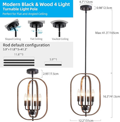 XINGQI Small Chandeliers for Dining Room, 12.2" Modern Farmhouse Pendant Lighting Fixture Rustic Metal 4-Light Black and Wood Grain Finish for Entryway Bedroom Hallway Foyer Kitchen Office Bar