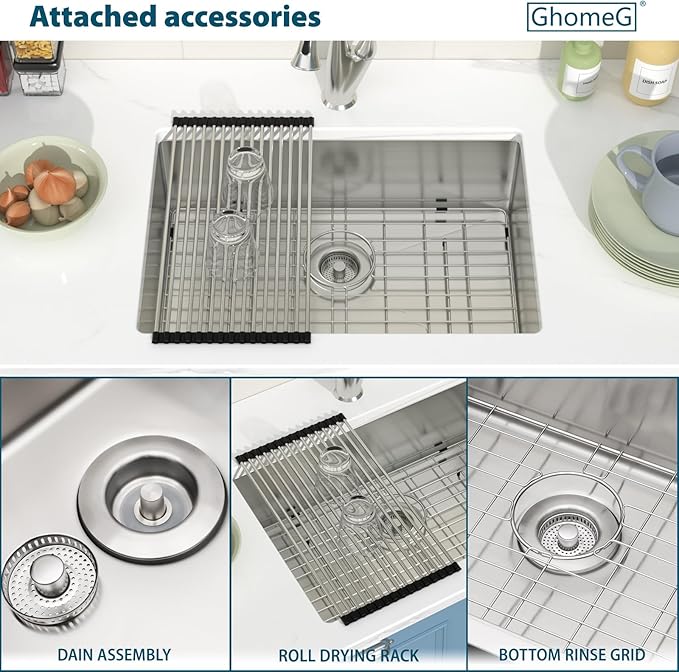 26 Undermount Kitchen Sink 26"x18"x8" Single Bowl 16 Gauge Stainless Steel Under Counter Single Bowl Kitchen Sinks Basin with Drain Strainer