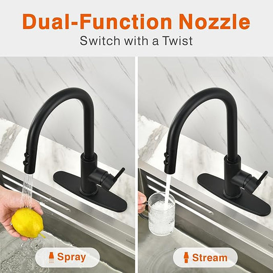 RULIA Kitchen Faucet, Kitchen Sink Faucet, Sink Faucet, Pull-Down Kitchen Faucets, Bar Kitchen Faucet, Matte Black, Metal Spray Head, RB1031