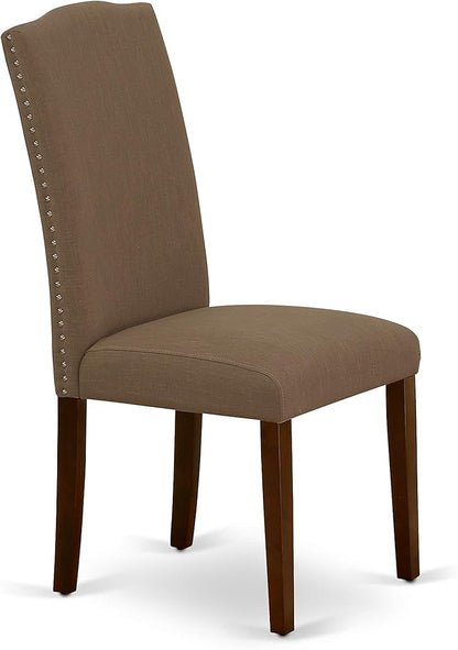 East West Furniture ENP3T18 Encinal Parson Dining Chairs - Nailhead Trim Dark Coffee Linen Fabric Upholstered Chairs, Set of 2, Mahogany
