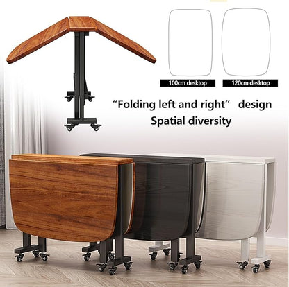 Wooden Foldable Kitchen Table with 6Wheels, Multifunction Table Drop Leaf Dining Table, Multifunction Expandable Folding Table for Small Spaces Kitchen, Bedroom, Living Room, Carbon Steel Pipe Bracket
