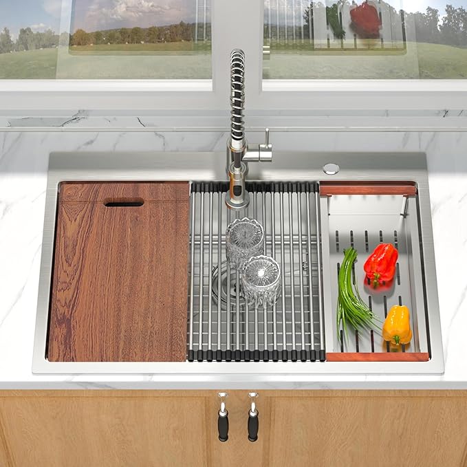 Mocoloo 33 x 22 Inch Drop In Kitchen Sink - 33 Inch Topmount Kitchen Sinks Stainless Steel 16 Gauge Single Bowl Top Mount Handmade Workstation Sink, 10'' Deep Basin Modern
